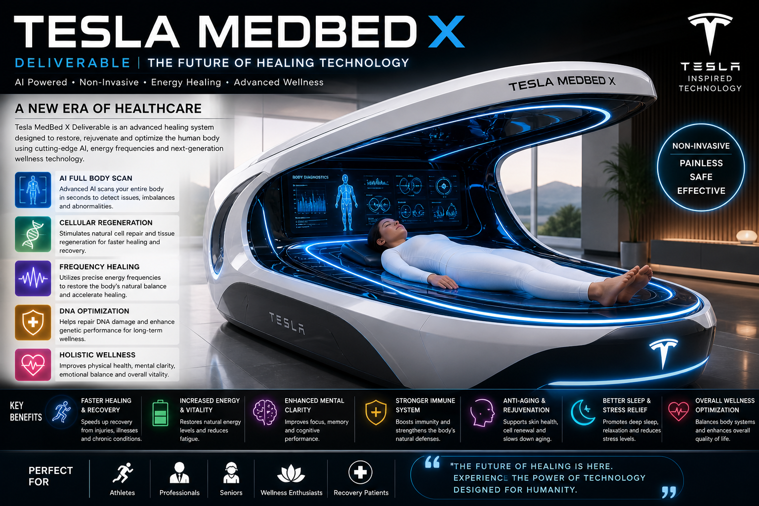 Tesla MedBed X healing pod with AI body diagnostics